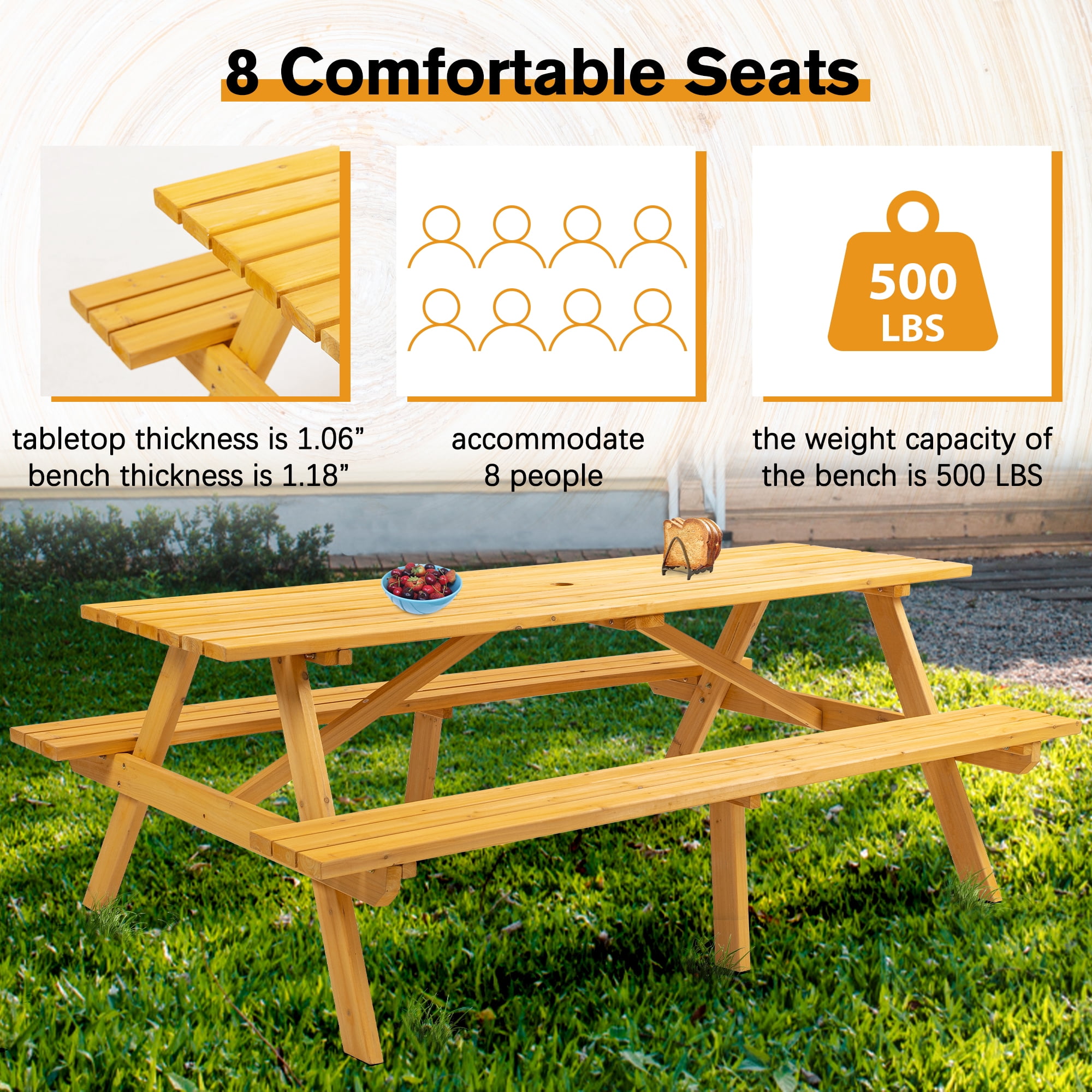 8-Person Rectangle Outdoor Wooden Picnic Table w/ 2 Built-In Benches,Outdoor Camping Dining Table for Backyard,Garden,Patio,2220 lbs Capacity