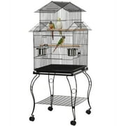 SMILE MART Metal Rolling Bird Cage with Triple Roof Detachable Stand for Birds Finches Lovebirds Canaries Cockatiels Conures Parakeets, Black