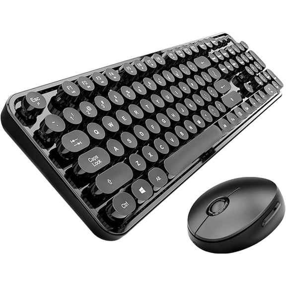 Wireless Keyboard and Mouse Combo, Retro Typewriter Style Keyboard with Round Keycaps, 2.4GHz Dropout-Free Connection Mouse with