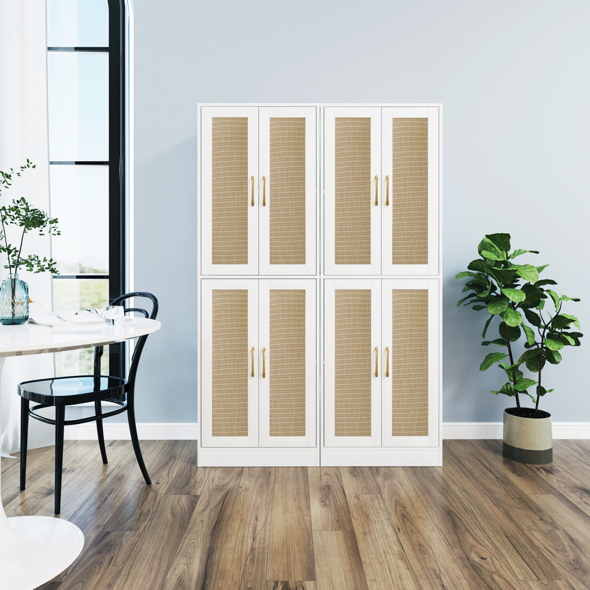 BOCVKENN Storage Cabinet - Kitchen Pantry Cabinet, Tall Pantry Storage Cabinet Freestanding with 4 Rattan Doors and Adjustable Shelves, Cupboard Cabinet for Dining Living Room, Laundry, Bathroom