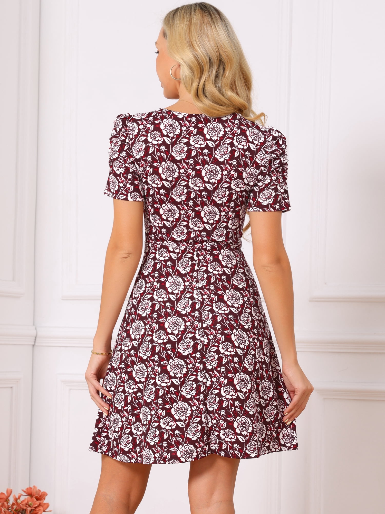 DARING DIVA Women's A Line Floral Mini Dresses with V Neck and Short Sleeves S Red