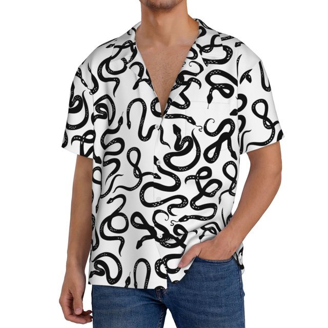 Fotbe Hand Drawn Snake Camisa Estampada de Manga Corta para Hombre, Casual de Verano, Estilo Playero, Sin Arrugas-X-Large