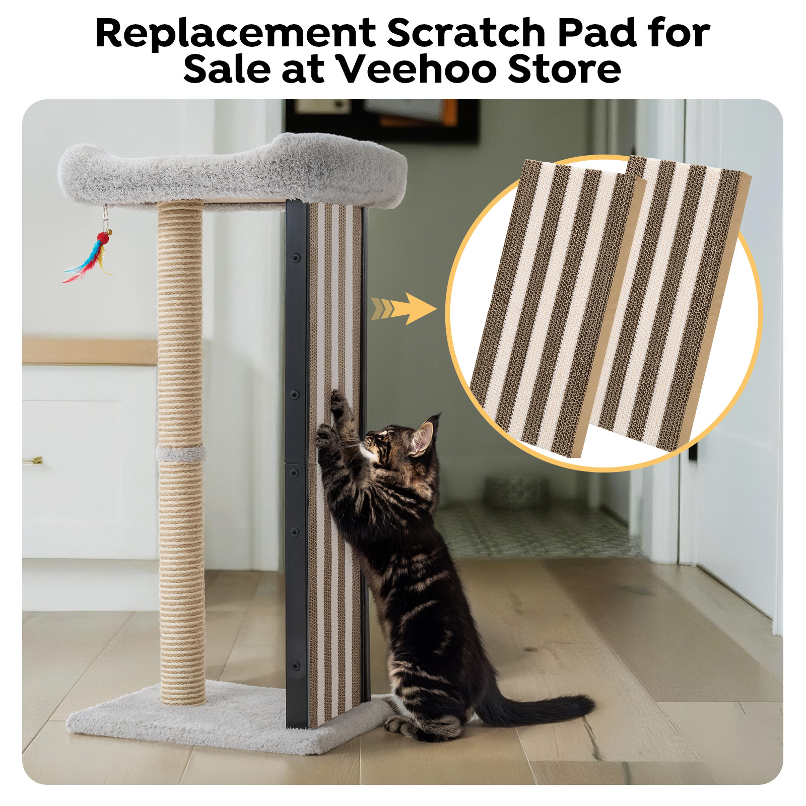 Veehoo 35" Tall Cat Scratching Post for Indoor Cats Adult, Sturdy Cat Scratch Pad with Replaceable Metal Frame Scratching Board, Large Scratch Post with Plush Top Bed