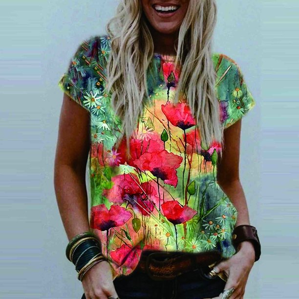 Puntoco Moda Casual Manga Corta Impreso O-Cuello Blusa Camiseta Suelta Señoras tops Puntoco Puntoco-4889