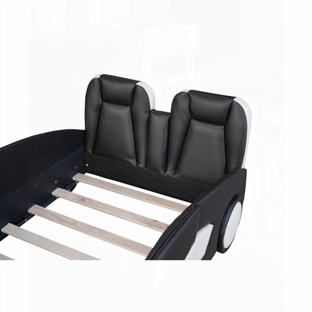 Race Car-Shaped Twin Size Platform Bed in Black Equipped with Wheels and Solid Construction