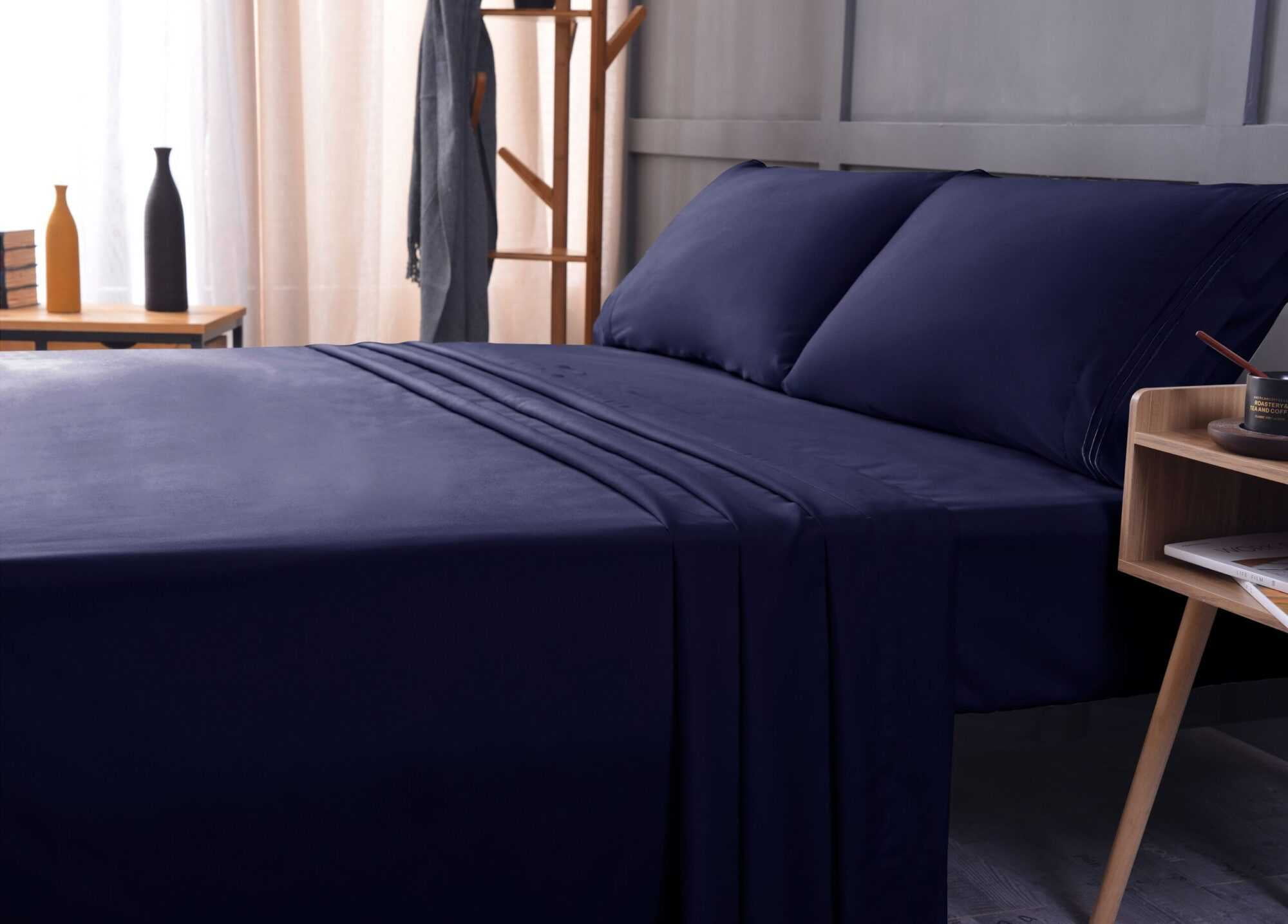 the Season Essentials Wrinkle Free Sheet Sets with Deep Pockets & Stain Resistant, 1800 Thread Count Bamboo Based – Navy, California King