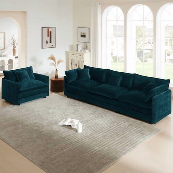 4 Seat Chenille Sofa Set, 2 Piece Upholstered Living Room Furniture Set with 3 Seater Sofa and Accent Chair, Deep Seat Modular Couch Collection, Blue
