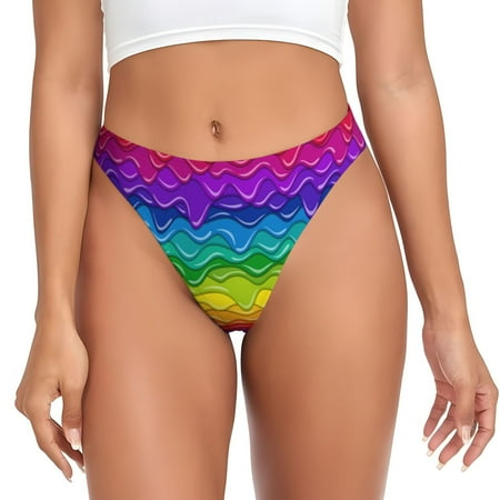 Qokaie Bright Rainbow Printed Women s Cotton Thong Underwear  Sexy Breathable Panties G-string-Medium