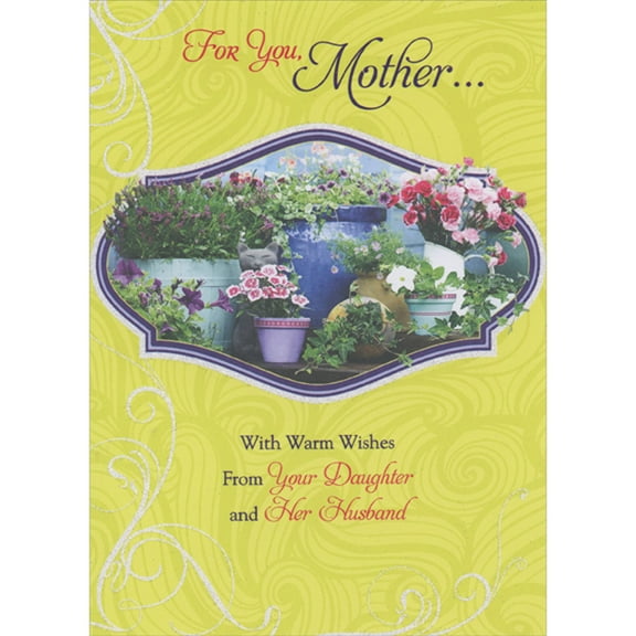 Designer Greetings Photo of Pink, Red and Purple Flowers in Pots Inside Curving Frame on Yellow Mother's Day Card for Mother from Daughter and Husband : Son-in-Law
