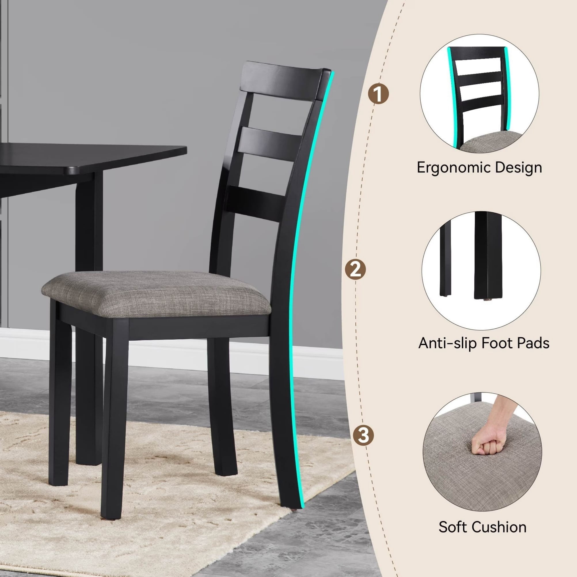 Farmhouse Dining Chairs Set of 2, Wooden Kitchen Chairs with High Ladder Back, Upholstered Fabric Seat, Solid Wood Legs, Non-Slip Foot Pads, 275 lbs Capacity for Dining Room, Kitchen, Black