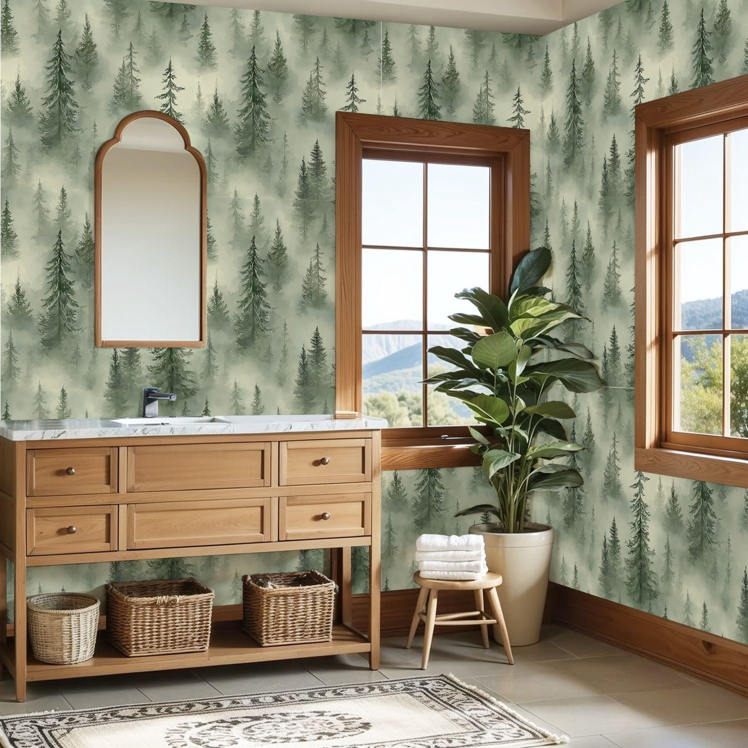 Peel and Stick Wallpaper 23.6in x 9.8ft Misty Botanical Forest Landscape Tall Pine Trees Foggy Contact Paper Vinyl Waterproof Self Adhesive Wall Paper for Bedroom Shelf Cabinet Renter Friendly