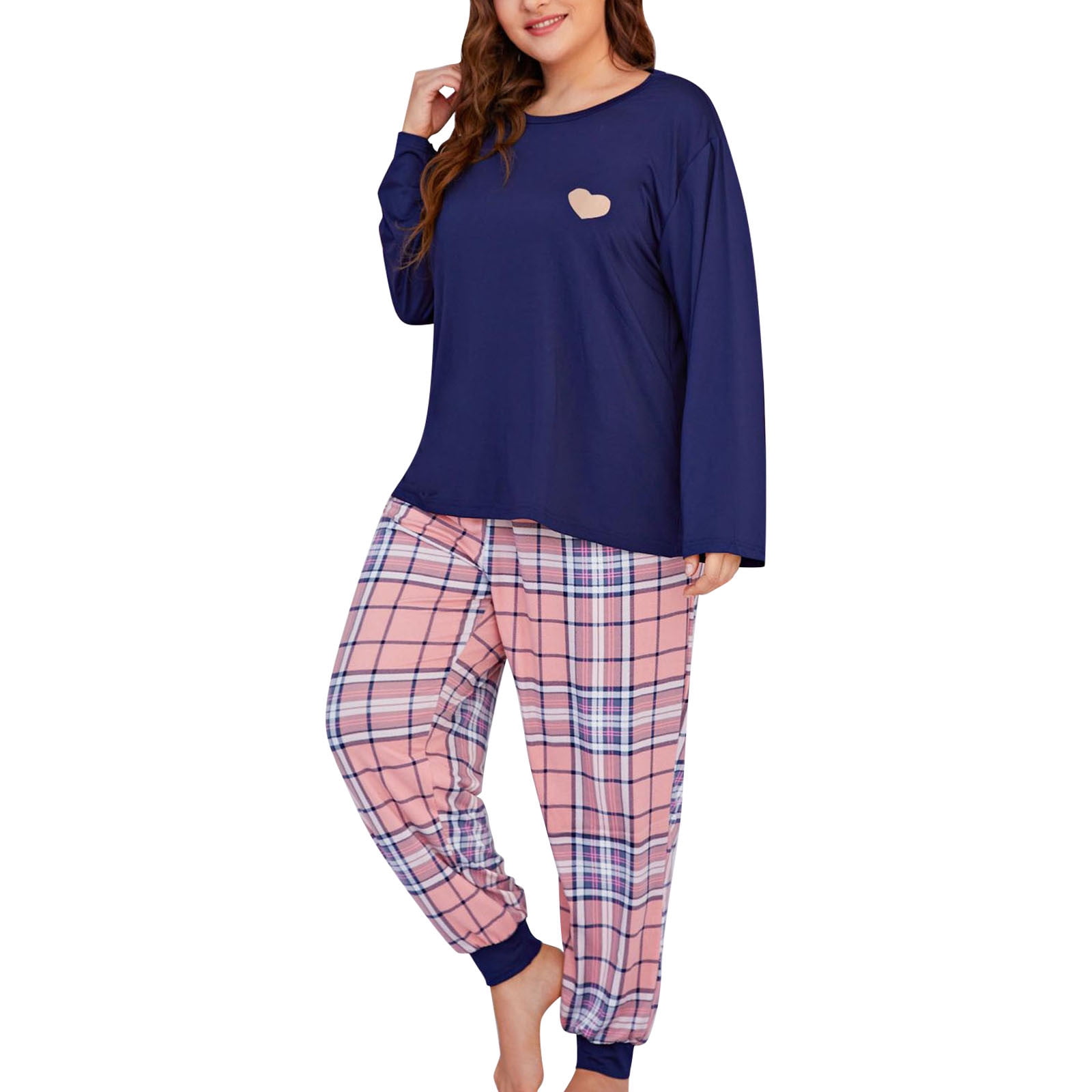 Womens Pajamas Button up Pajama Set for Women Women Plus Size Grid Print Loungewear Long Pants Two Piece Set Adult Female Clothes Navy Size 3XL