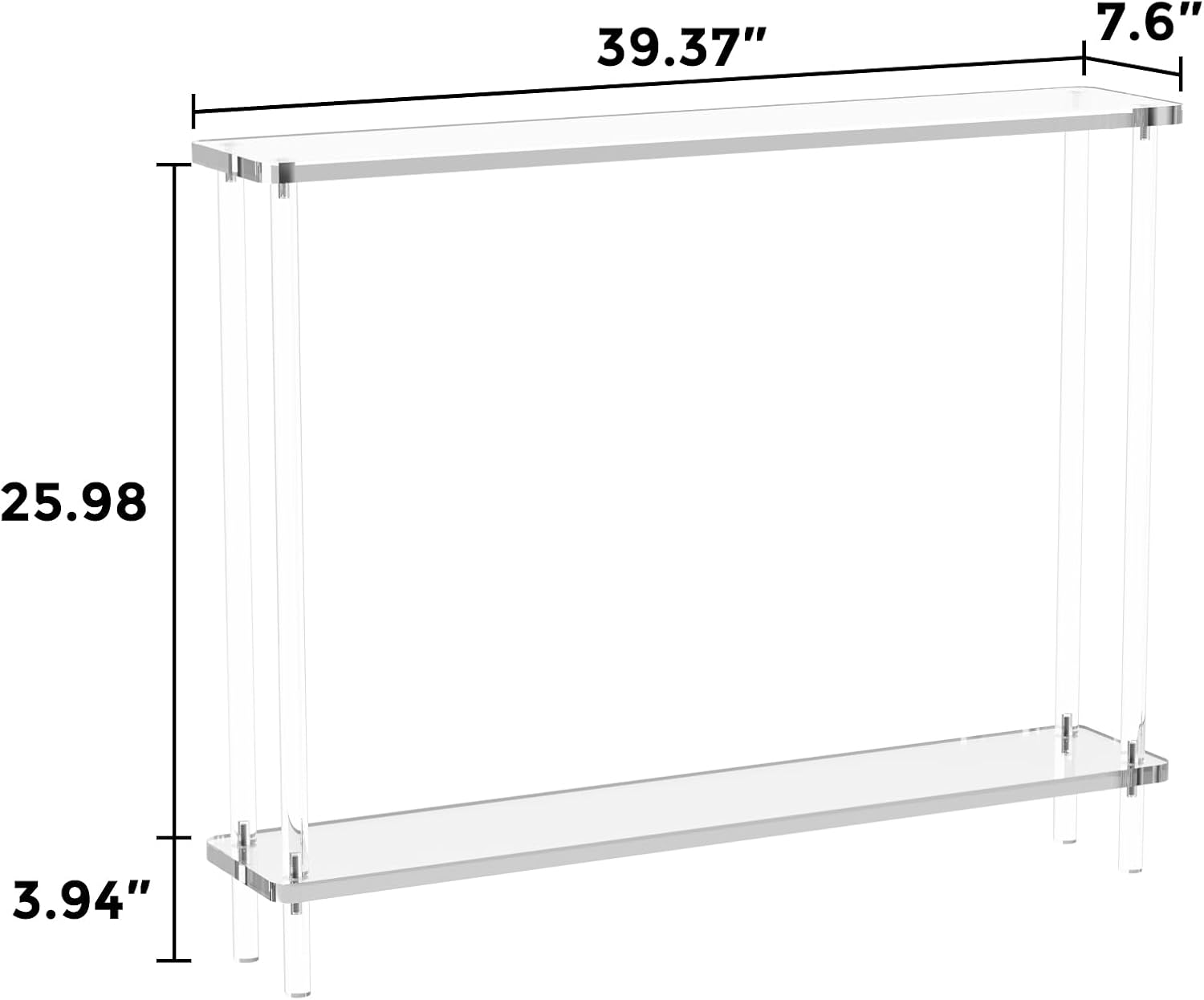 Acrylic Narrow Console Table for Entryway, 7.6" D x 39.4" W x 29.9" H, Square Legs, Skinny Entry Table for Sofa, Foyer, Hallway, Living Room, Modern, 2-Tier, Clear