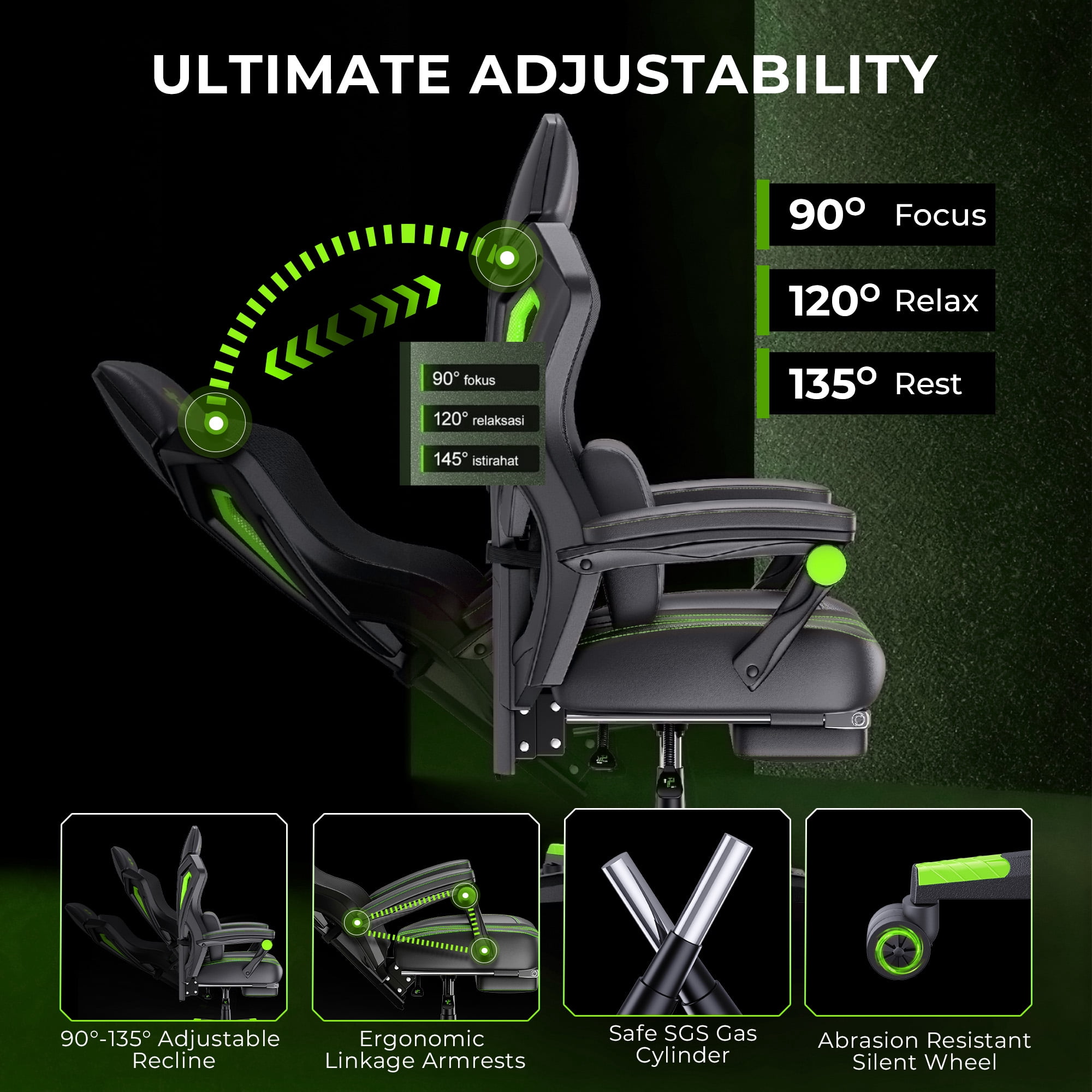 Seenda Massage Gaming Chair, Computer Chair with Mesh Back, Ergonomic Office Chair with Footrest, Reclining Game Chair with Adjustable Headrest and Lumbar Support for Gaming and Office