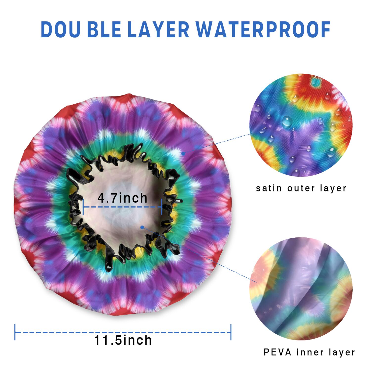 Shower Caps,Colorful Rainbow Tie Dye Spiral Pattern Waterproof Shower Cap for Women 4 Pieces,Double Reusable Hair Cover for Shower PEVA Elastic Stretch Hem