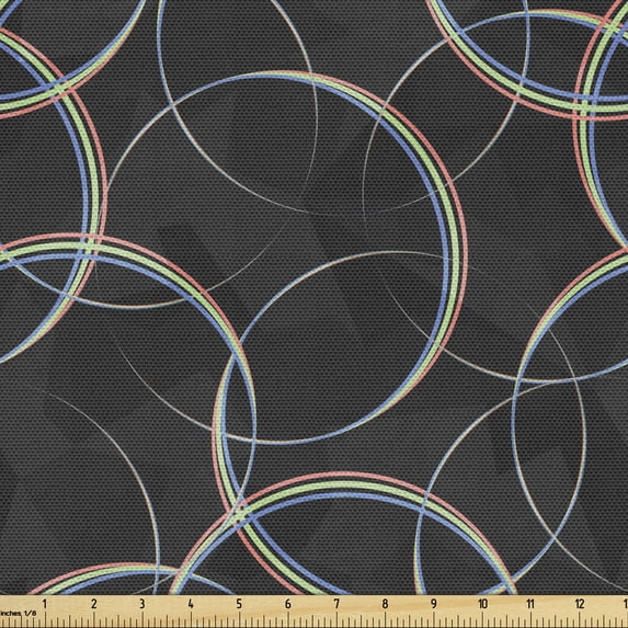 Geometric Fabric by the Yard Upholstery, Digital Art Illustration of Rainbow Colored Interwoven Circles Rings, Decorative Fabric for DIY and Home Accents, Dark Grey Multicolor by Ambesonne