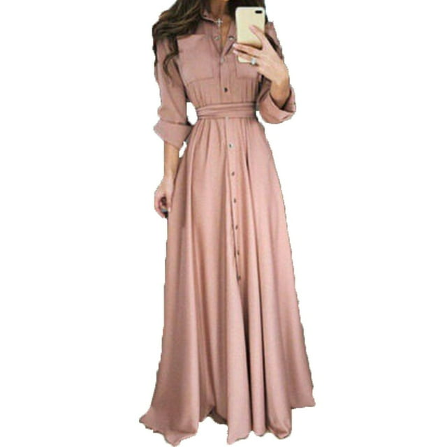 Femmes Manches Longues Bouton Dowm Maxi Robe Soirée Chemise Robe