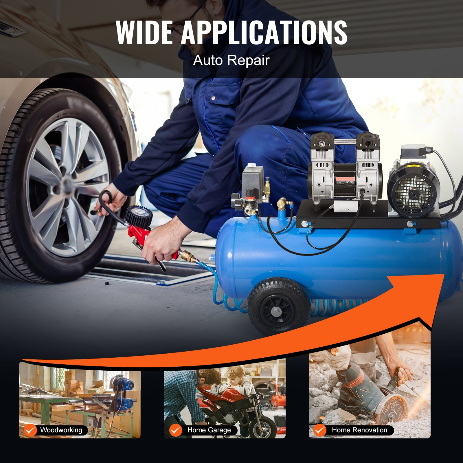 KFFKFF Air Compressor Motor, 2HP 5.2CFM @ 90PSI, Oil-Free Pump with Up to 145PSI Pressure, 78dB Quiet Operation for Automotive Repairs, Inflating Tires, Spray Painting, and Carpentry