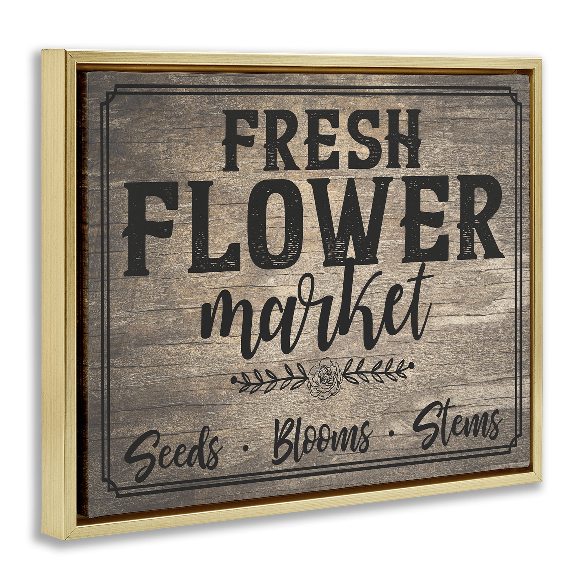 Stupell Industries Rustic Flower Market Text & Numbers Painting Gold Floater Framed Canvas Art Print Wall Art, 21 x 17