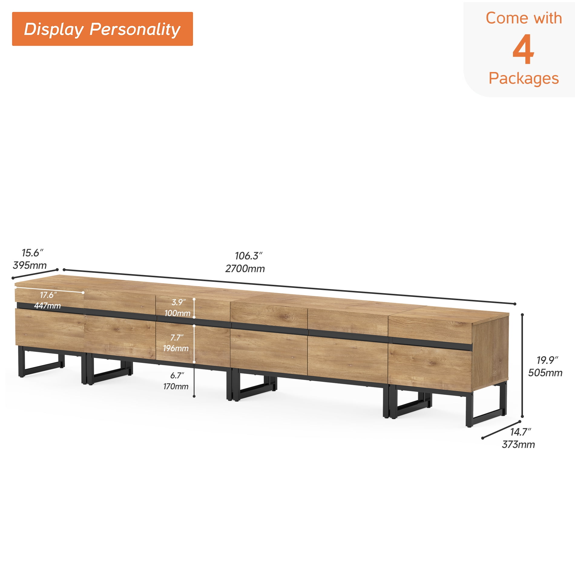 WAMPAT Modern TV Stand, 4-in-1 Entertainment Center with Storage Cabinets & Metal Base, 106" Oak, Fits TVs Up to 110"
