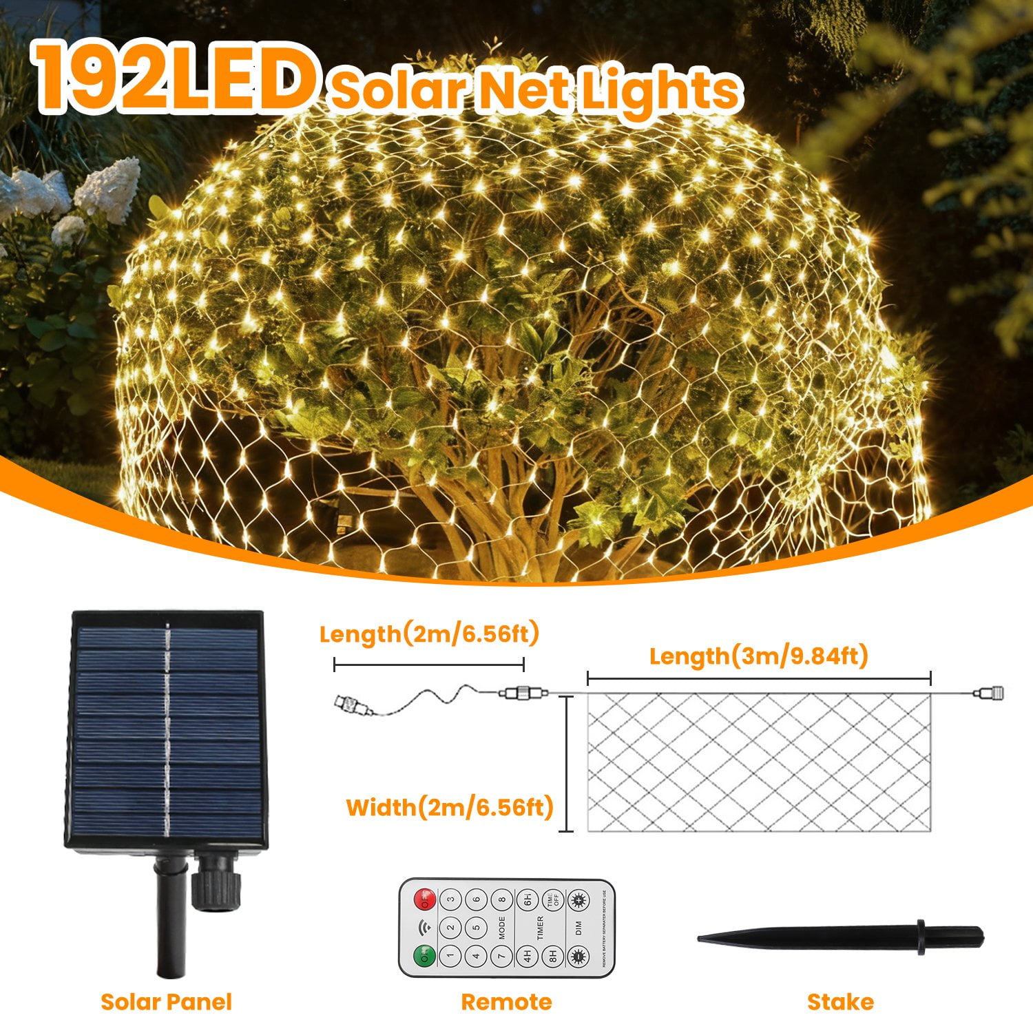 Imountek 192LED Solar Christmas Net Lights Outdoor, 9.84x6.56FT Dimmable Bush Lights with Remote Timer IP44 Waterproof 8 Modes for Holiday Wedding Patio