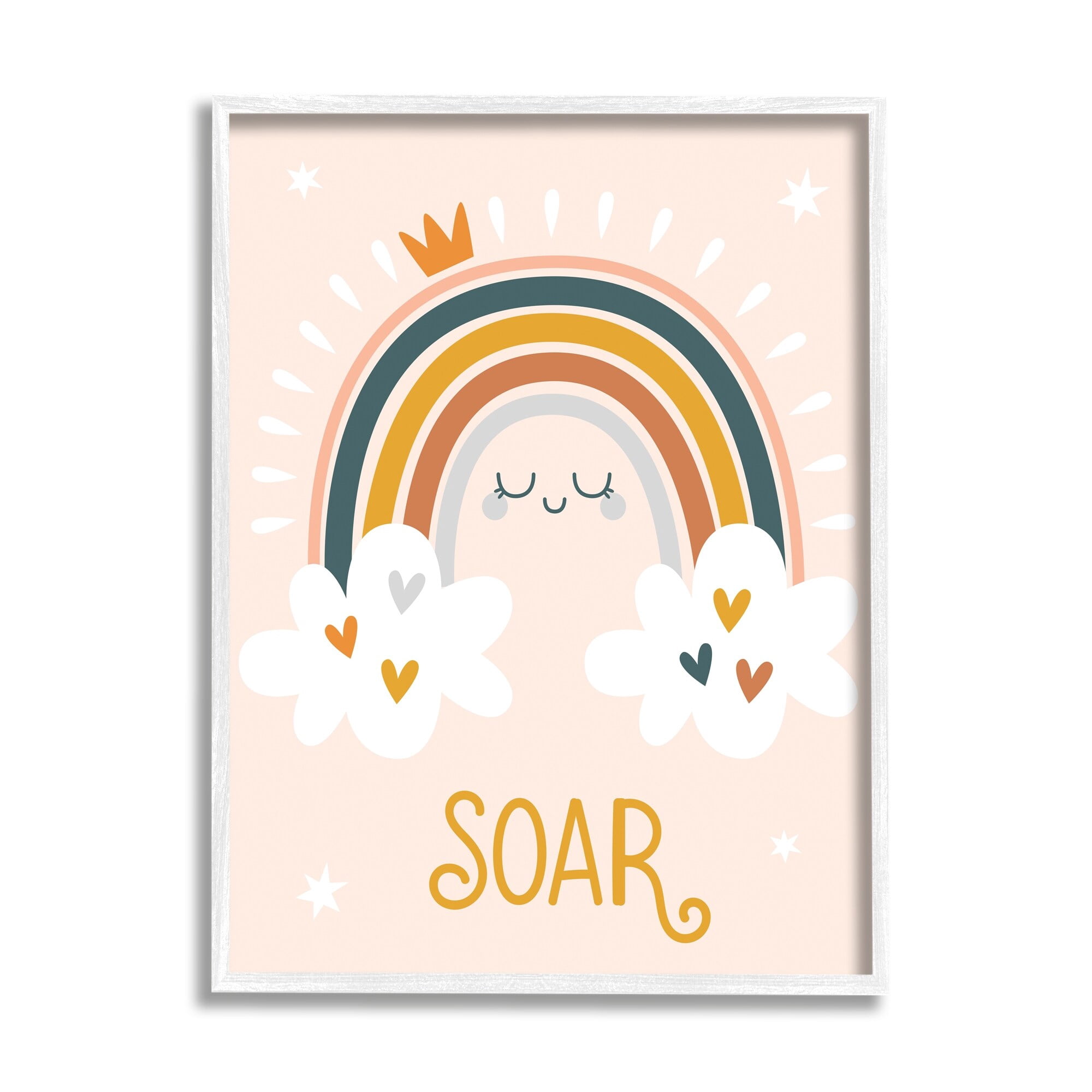 Stupell Industries Casual Soar Calligraphy Smiling Rainbow Hearts Stars Graphic Art White Framed Art Print Wall Art, Design by Ilis Aviles
