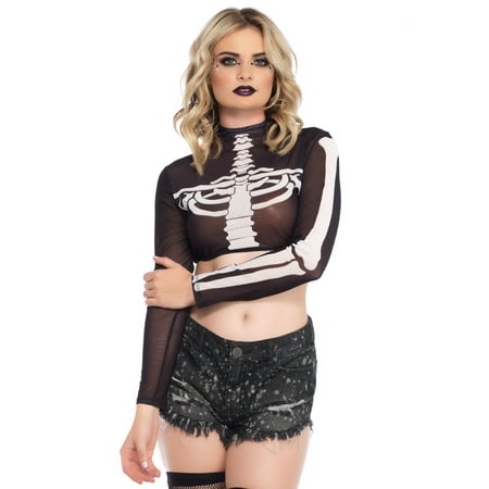 Avenue Crop - Leg Avenue Women's Skeleton High Neck Long Sleeve Mesh Crop Top with Zipper Back, Black/White, Large