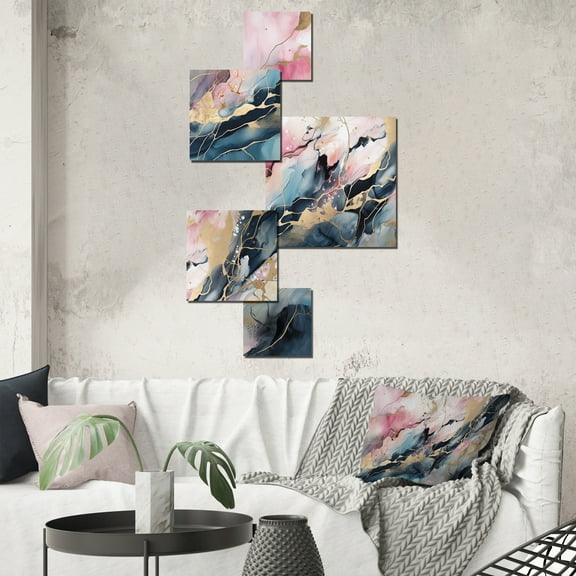 Designart "Cerulean Geode Depths I" Abstract Marble Metal Wall Decor Set