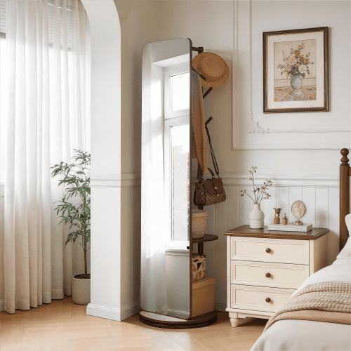 360° Rotatable Full Length Mirror with Coat Rack, 70"x19" Solid Wood Freestanding Body Mirror with Hooks & Storage Shelf, Standing Floor Mirror for Bedroom, Entryway, Living Room, Walnut