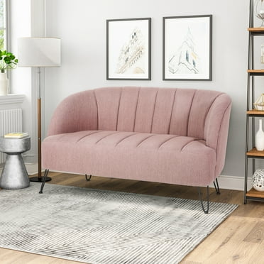 Blush Modern Loveseat for Living Room, Bedroom, or Foyer - Cozy Recessed Arm Design with Channel Stitching and Black Hairpin Legs, 49.5"