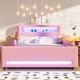 thumbnail image 2 of Euroco Upholstered Full Size Platform Bed with LED Light and USB Ports, 2 Drawers, Pink, 2 of 12