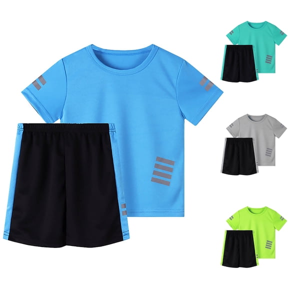 GCETTIC Kids Boys Outfit Sets, Quick-Dry Short Sleeve Reflective Strip T-Shirt Sports Shorts Summer Active Sets 2-Piece,Size 7-8 Years