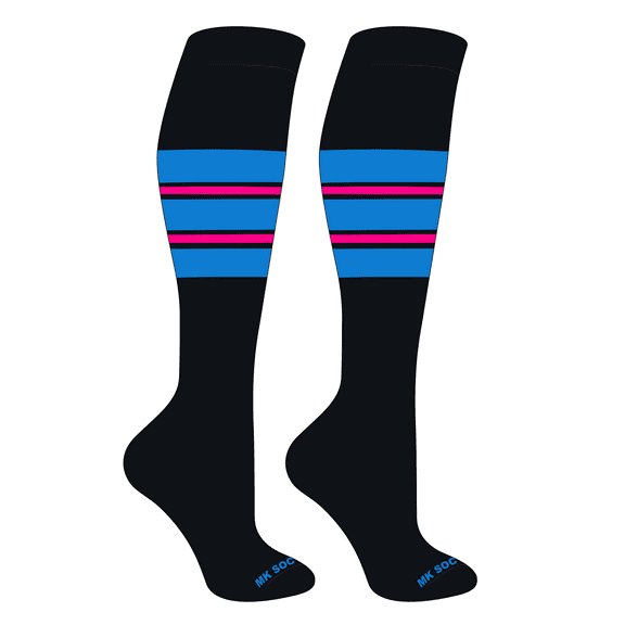 MK Socks Striped OTC Baseball, Softball, Football Socks (E) Black, Neon Blue, Hot Pink (XS)