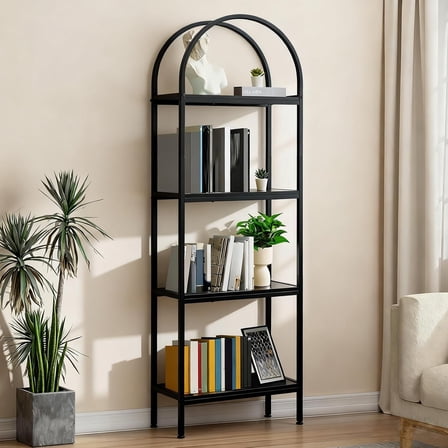 GAOMON Bookcases, 4-Tier Bookshelf, Black Frame Black Shelves, 57" Storage Rack, Modern Display Shelving Unit, Arched Storage for Bedroom, Office, 60x28x146cm