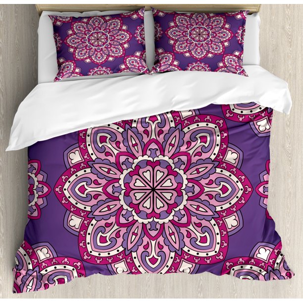 Purple Mandala King Size Duvet Cover Set, Colorful Oriental Mandala