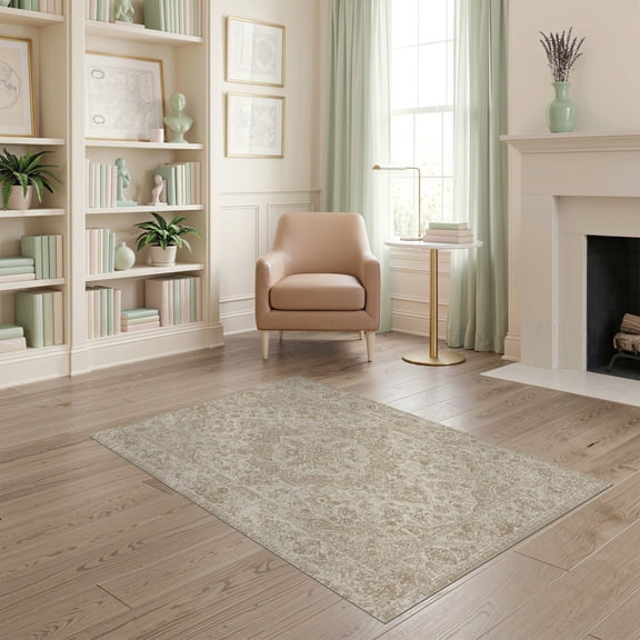 ODIKA Beige Faded Neutral Symmetrical Retro Worn Pile Vintage Extra for Dorm Room, Small Living Apartment, Stain Resistant Low Profile