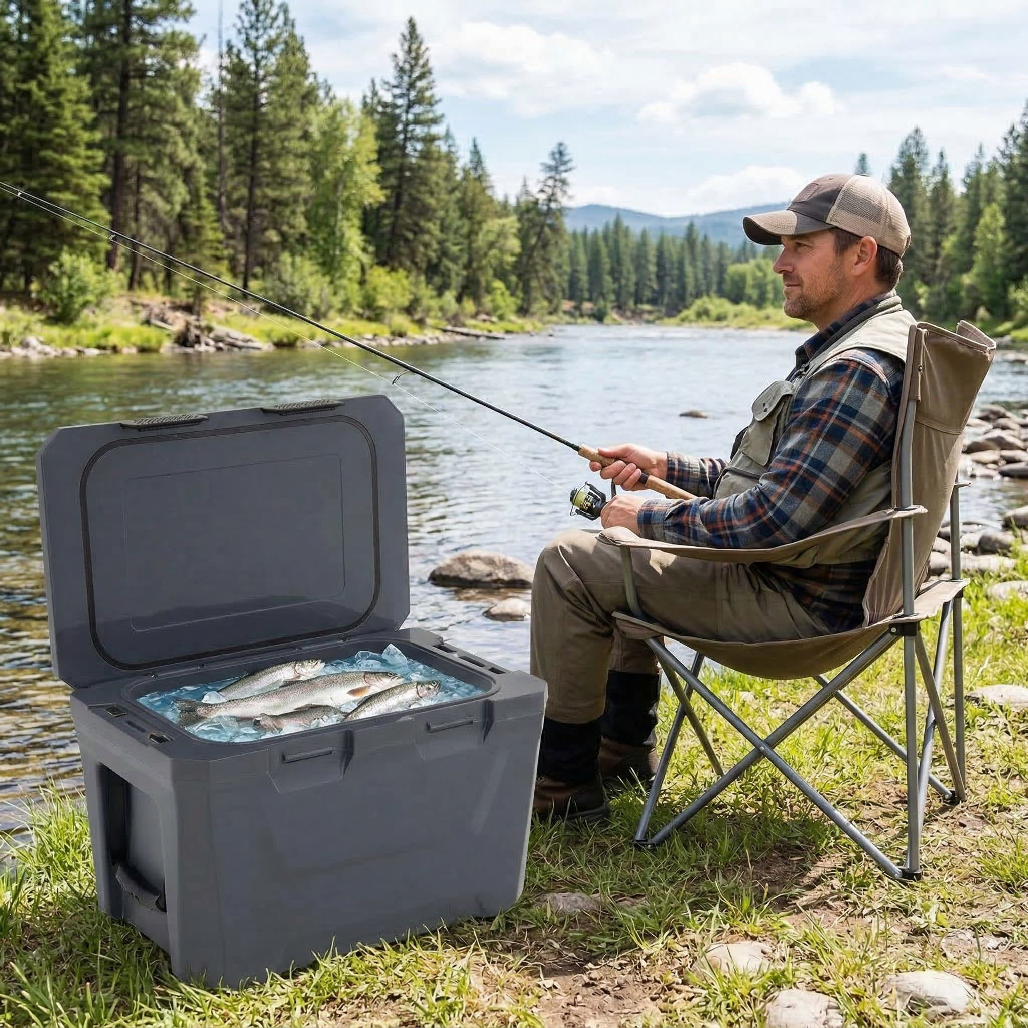 Resenkos Heavy Duty Insulated Hard Shell Portable Cooler with Cup Holders Bottle Opener and Drain Plug, Outdoor Ice Chest for Camping and Picnics, Gray