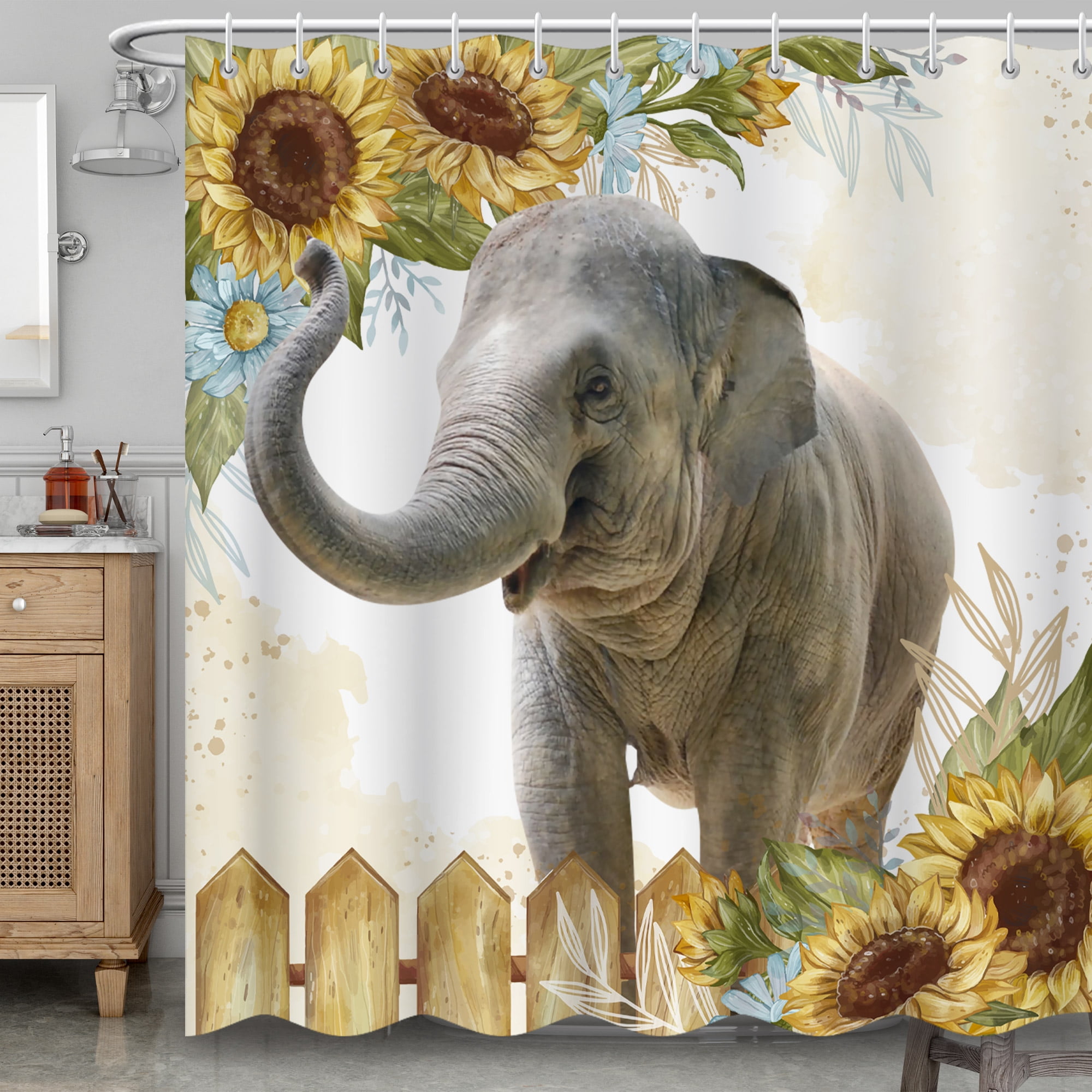 BLINGPAINTING Funny Elephant Shower Curtain Yellow Sunflower Get Naked