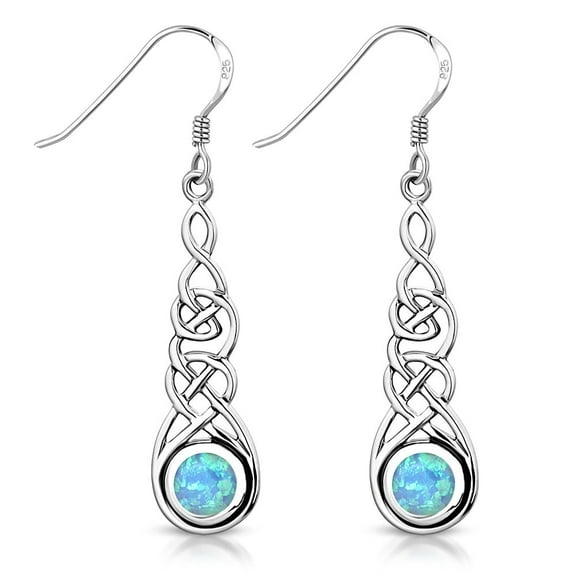 Womens Blue Simulated Opal Celtic Dangle Drop 925 Sterling Silver Earrings