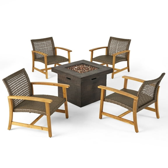 GDF Studio Jennings Outdoor Acacia Wood and Wicker 5 Piece Club Chair and Fire Pit Set, Mixed Mocha, Natural, and Brown