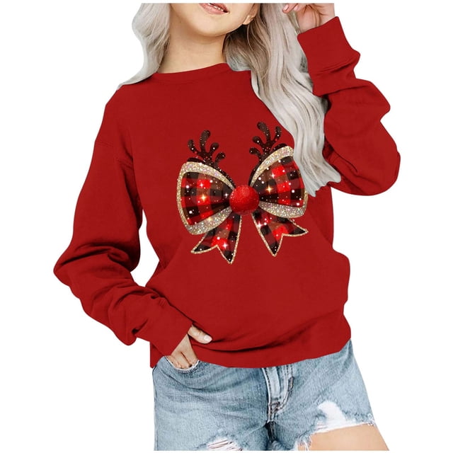 Chemises de Noël Garçons Filles à Carreaux Nœud Papillon Chandails en Molleton Graphiques Col Rond Manches Longues Chandail Tops (1-2 Ans, Rouge)