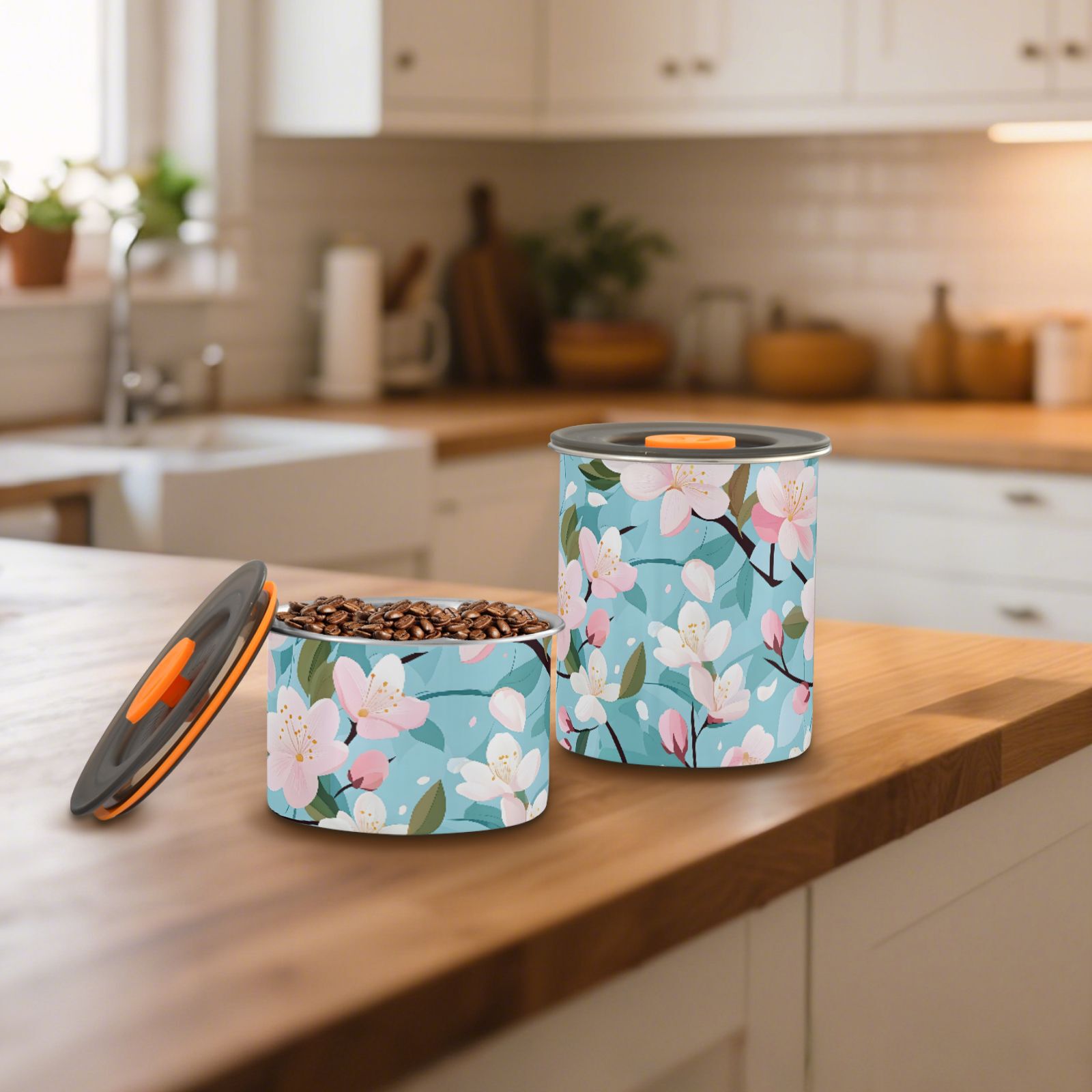 Cherry Blossom Pattern Airtight Coffee Bean Canister 30oz Food Storage Containers with Lids For Gournd, Tea, Sugar, Flour, Rice, Cereal, Candy Cookie Jar