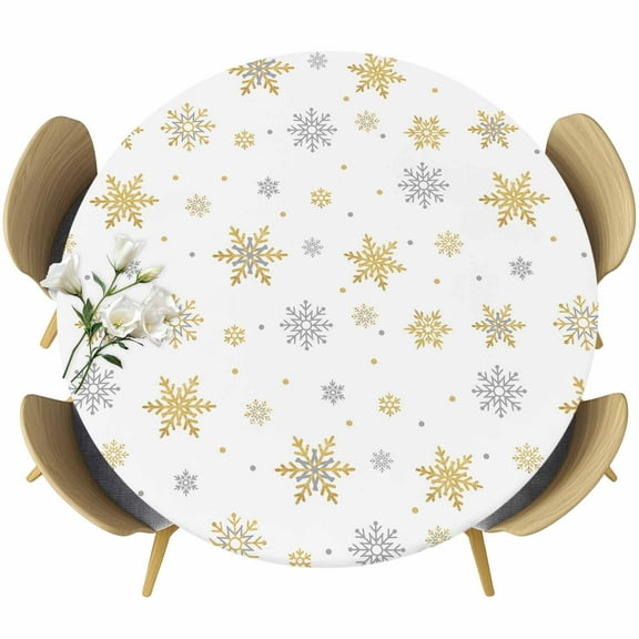 Christmas Snowflake Fitted Tablecloth with Elastic Edged, Round Table Cloth for Dining Table, Yellow White Xmas Winter Snowflake Waterproof Oil Proof Table Cover for Indoor Outdoor 55"-60"