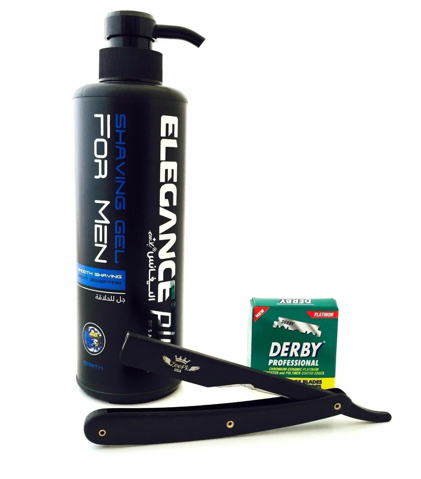 ELEGANCE CLEAR SHAVING GEL ZEEPK RAZOR + 100 DERBY DISPOSABLE BLADES BARBERSHOP