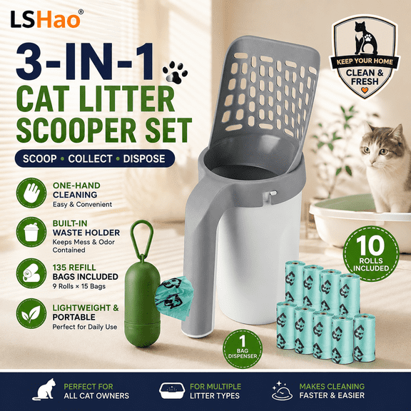 Cat Litter Scoop with Bag and Holder Portable Litter Scooper for Litter Box Cat Poop Cleaning Tool with Waste Bag Storage Container Easy Clean Pet Supplies
