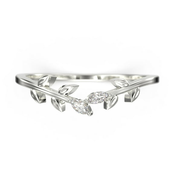 Unique 10k White Gold Wedding Band Open Wedding Band Art Deco Marquise Diamond Moissanite Leaf Wedding Ring Anniversary gift