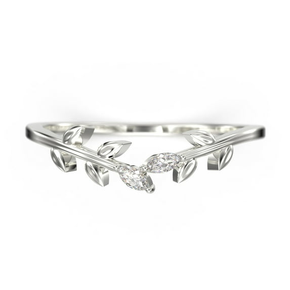 Unique 10k White Gold Wedding Band Open Wedding Band Art Deco Marquise Diamond Moissanite Leaf Wedding Ring Anniversary gift