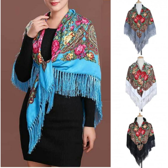 D-GROEE Retro Floral Scarf Ethnic Style Retro Shawl Scarf with Tassel Flower Print Autumn Winter Warm Square Fringed Head Wrap for Wedding Party Square Shawl