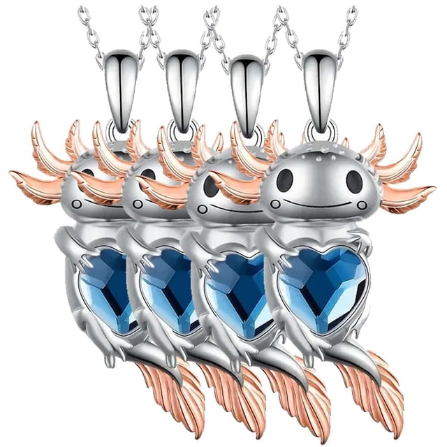 Collar y Dije de Animales AxolotlNeck04 4Pzas Ajolote/Corazón Plata/Azul Metal Cadena y Dije.