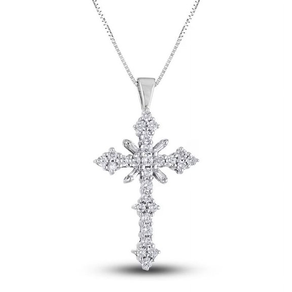 1.25 Ct Brilliant Round Cut Real Diamond New Sunburst Designer Cross Pendant Necklace for her Solid 14K White Gold With 18 inches chain